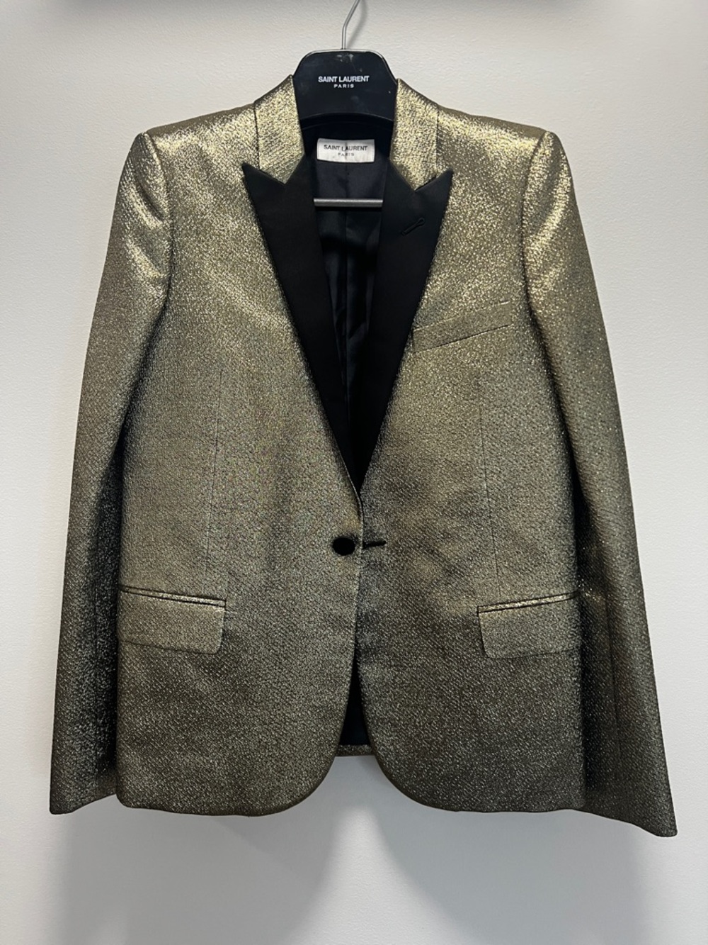 Saint Laurent Gold Metallic Tuxedo Jacket with Black Peak Lapels